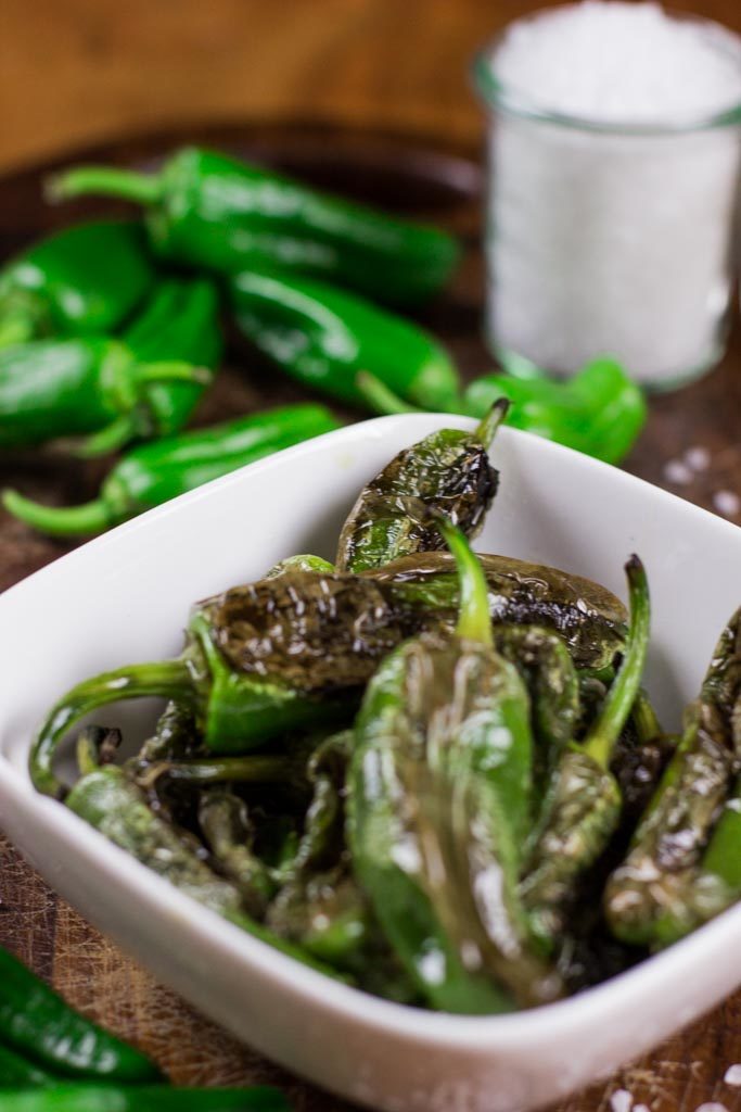 Pimientos de Padrón - Bratpaprika angerichtet mit Meersalz und Pepperonis im Hintergrund